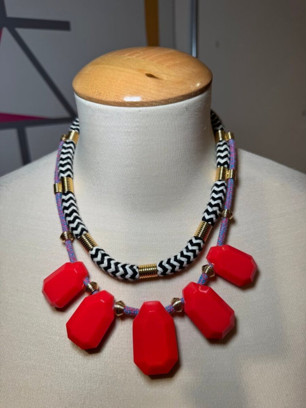 Red Resin Statement Necklace With Woven Rope